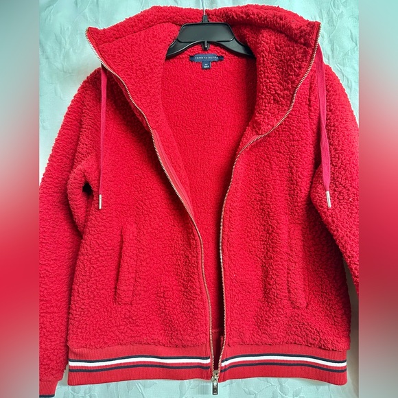 Tommy Hilfiger Women’s Zip Front Fleece Bomber Red & Sporty Stripes Jacket Small - Picture 3 of 6
